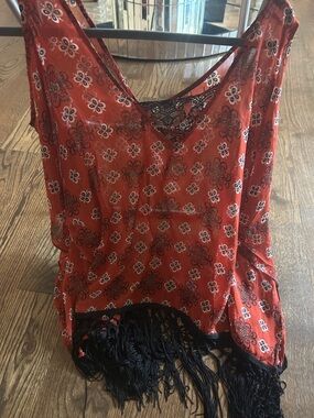 Red Floral Lace-Trim Fringe Tank Top - Women